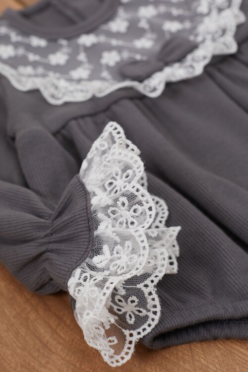 Füme Dantel Detaylı Uzun Kollu Bandanalı Çıtçıtlı Badi 17367