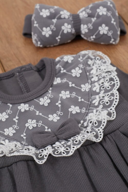 Füme Dantel Detaylı Uzun Kollu Bandanalı Çıtçıtlı Badi 17367