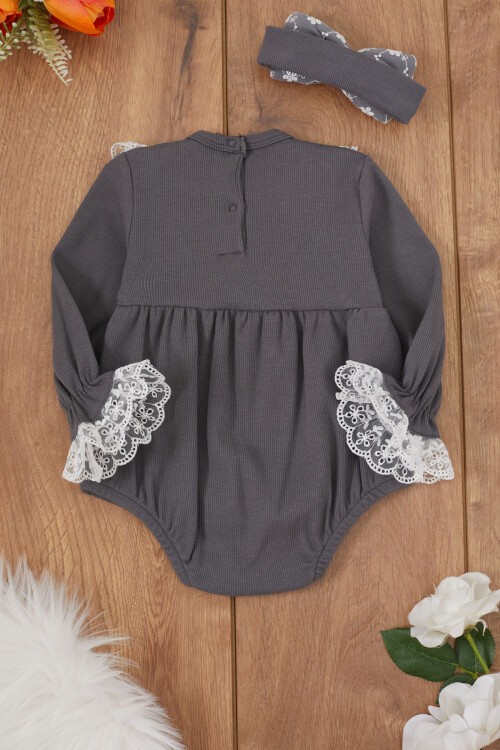 Füme Dantel Detaylı Uzun Kollu Bandanalı Çıtçıtlı Badi 17367