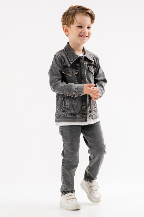 Füme Jean Ceketli Pantolonlu Erkek Çocuk Tişörtlü 3lü Takım 18074