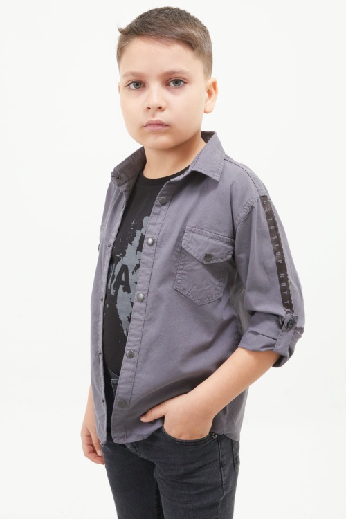 Füme Kolları Şerit Yazılı Jean Gömlekli Tişört Erkek Çocuk 2li Takım 17644