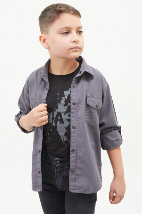 Füme Kolları Şerit Yazılı Jean Gömlekli Tişört Erkek Çocuk 2li Takım 17644