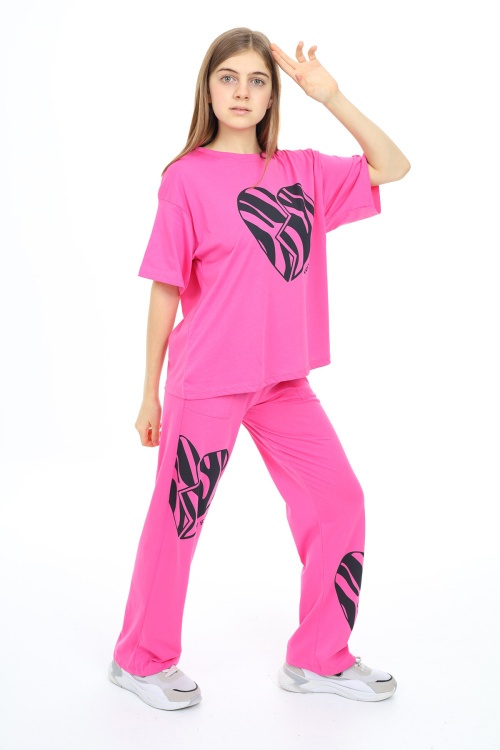 Fuşya Kalp Baskılı Kız Çocuk Takım 17890