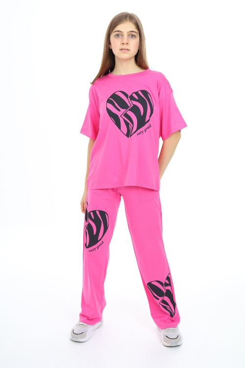 Fuşya Kalp Baskılı Kız Çocuk Takım 17890
