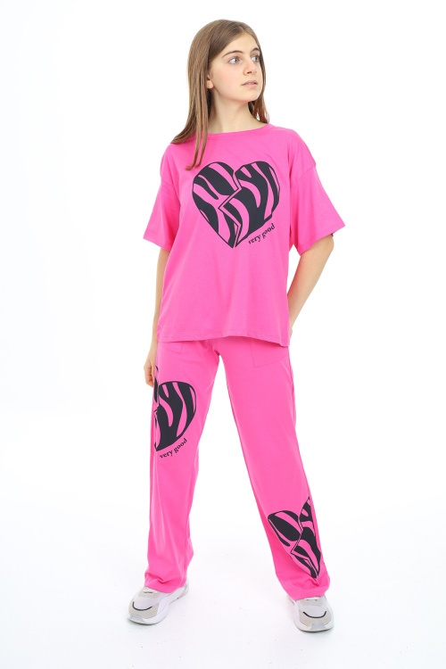 Fuşya Kalp Baskılı Kız Çocuk Takım 17890