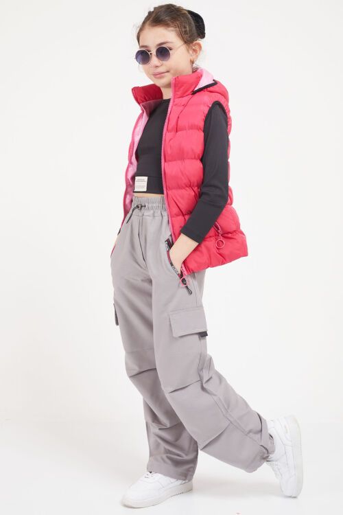 Fuşya Kapüşonlu Fermuar Cepli Kız Çocuk Şişme Yelek 17614