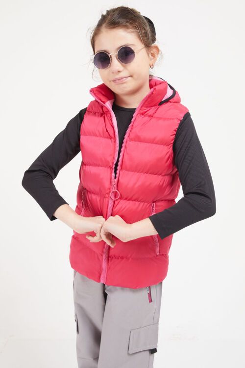Fuşya Kapüşonlu Fermuar Cepli Kız Çocuk Şişme Yelek 17614