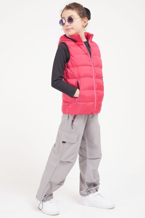 Fuşya Kapüşonlu Fermuar Cepli Kız Çocuk Şişme Yelek 17614