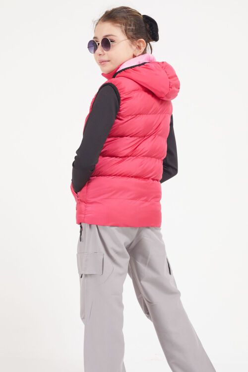 Fuşya Kapüşonlu Fermuar Cepli Kız Çocuk Şişme Yelek 17614