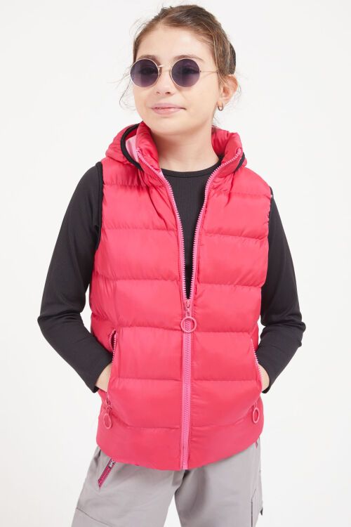 Fuşya Kapüşonlu Fermuar Cepli Kız Çocuk Şişme Yelek 17614