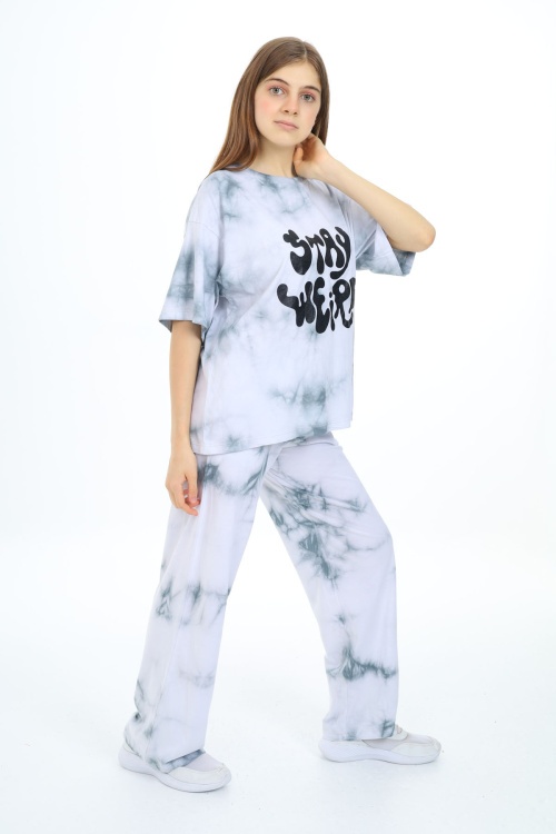 Gri Batik Desenli Kısa Kollu Kız Çocuk Takım 17946