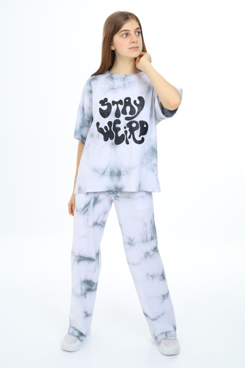 Gri Batik Desenli Kısa Kollu Kız Çocuk Takım 17946