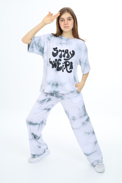 Gri Batik Desenli Kısa Kollu Kız Çocuk Takım 17946