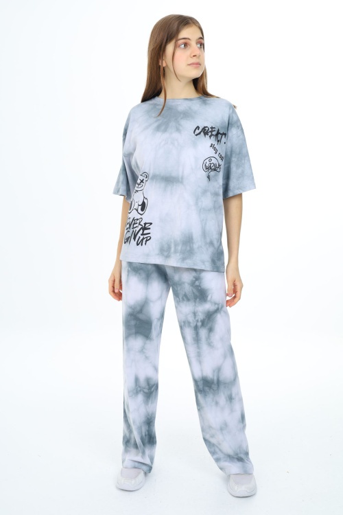 Gri Batik Yazı Baskılı Kız Çocuk Takım 17833