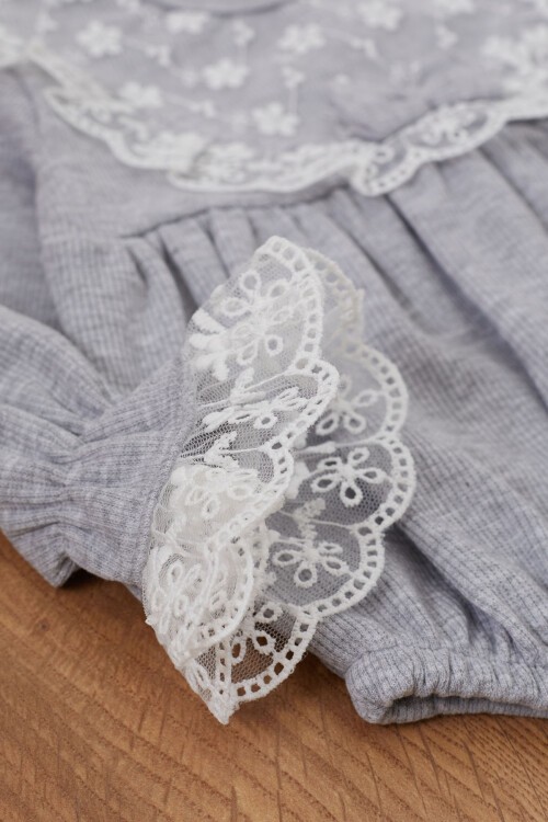 Gri Dantel Detaylı Uzun Kollu Bandanalı Çıtçıtlı Badi 17368