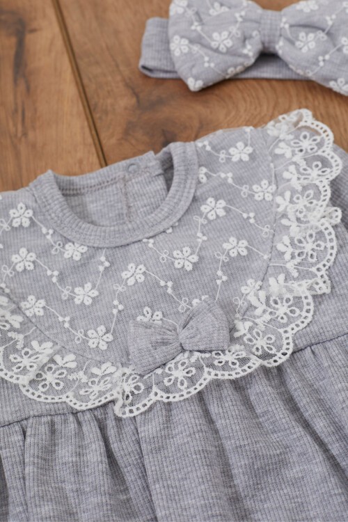 Gri Dantel Detaylı Uzun Kollu Bandanalı Çıtçıtlı Badi 17368