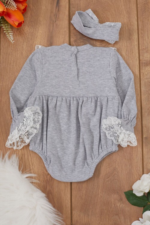 Gri Dantel Detaylı Uzun Kollu Bandanalı Çıtçıtlı Badi 17368