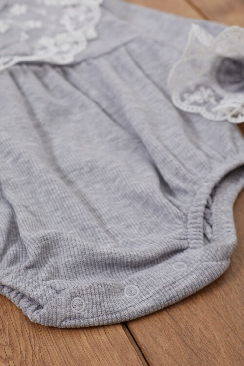 Gri Dantel Detaylı Uzun Kollu Bandanalı Çıtçıtlı Badi 17368