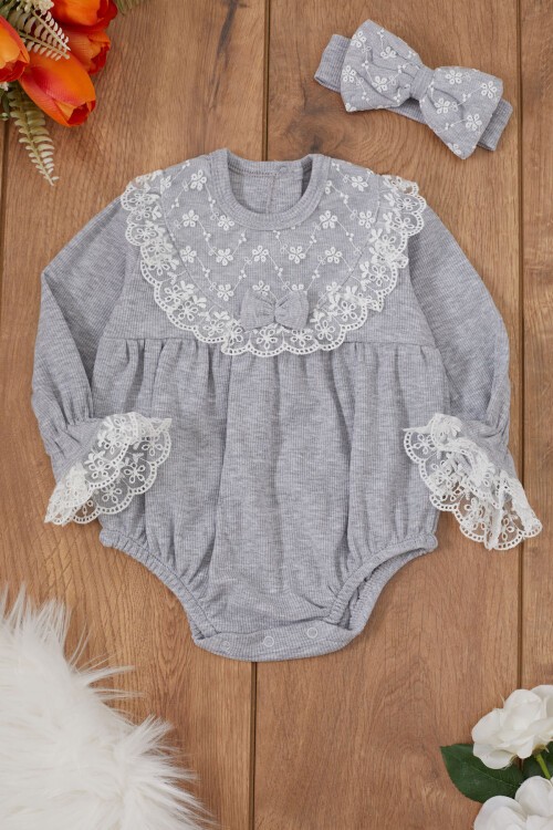 Gri Dantel Detaylı Uzun Kollu Bandanalı Çıtçıtlı Badi 17368