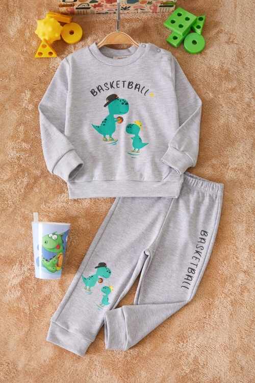 Gri Dinozor Baskılı Basketball Yazılı Erkek Bebek Takım 17542