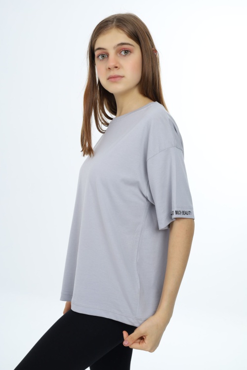 Gri Düz Bisiklet Yaka Kız Tişört 18040