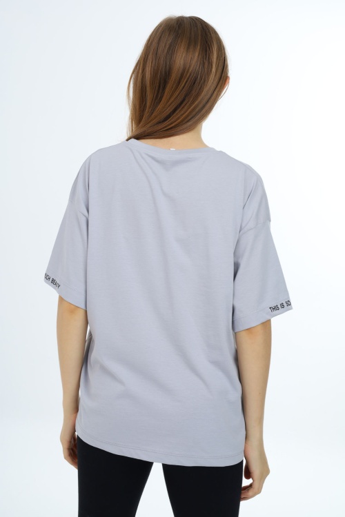 Gri Düz Bisiklet Yaka Kız Tişört 18040