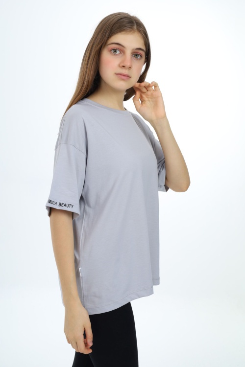 Gri Düz Bisiklet Yaka Kız Tişört 18040