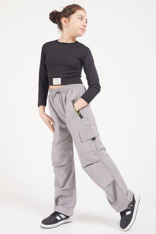 Gri Fermuar Cepli Kız Çocuk Paraşüt Pantolon 17616