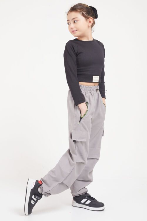 Gri Fermuar Cepli Kız Çocuk Paraşüt Pantolon 17616