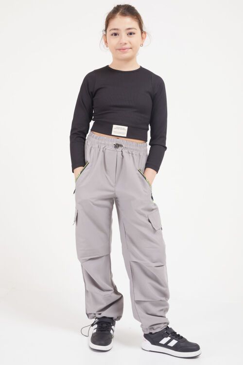 Gri Fermuar Cepli Kız Çocuk Paraşüt Pantolon 17616