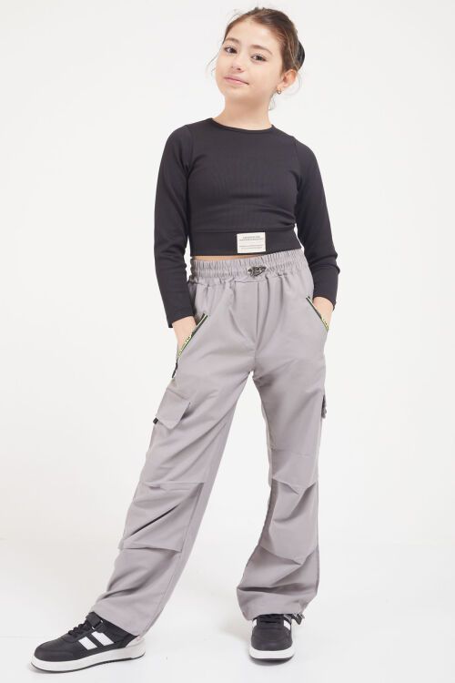 Gri Fermuar Cepli Kız Çocuk Paraşüt Pantolon 17616