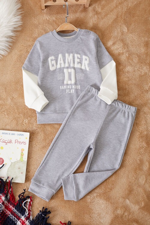 Gri Gamer Şeritli Baskılı Erkek Bebek Eşofman Takımı 17452