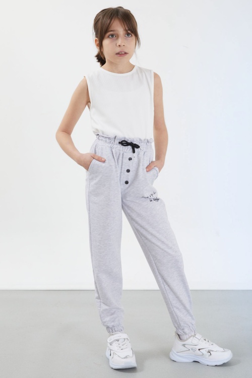 Gri Have a Good Time Yazılı Düğme Detaylı Kız Eşofman Altı 17677