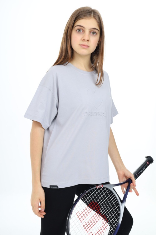 Gri Kalp Kabartmalı Bisiklet Yaka Kız Tişört 17793