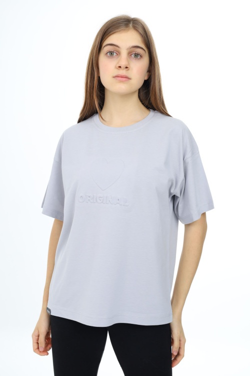 Gri Kalp Kabartmalı Bisiklet Yaka Kız Tişört 17793