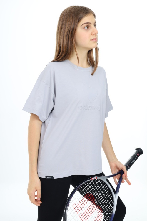 Gri Kalp Kabartmalı Bisiklet Yaka Kız Tişört 17793