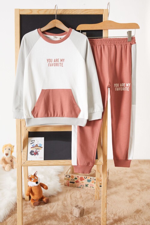 Gri Kanguru Cepli Şeritli Erkek Çocuk Eşofman Takımı 17544