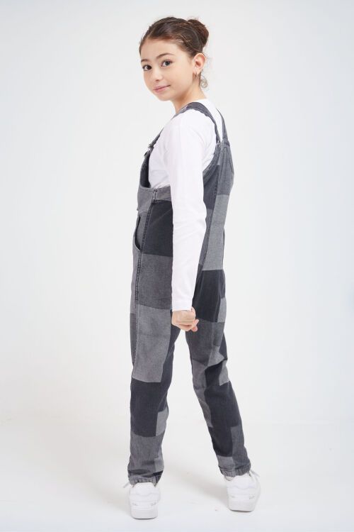 Gri Kare Desenli Kız Çocuk Jean Salopet Tulum 17611