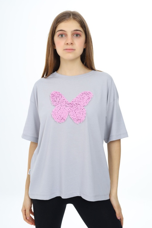 Gri Kelebek İşlemeli Kısa Kol Kız Çocuk Tişört 17785