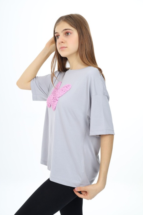 Gri Kelebek İşlemeli Kısa Kol Kız Çocuk Tişört 17785
