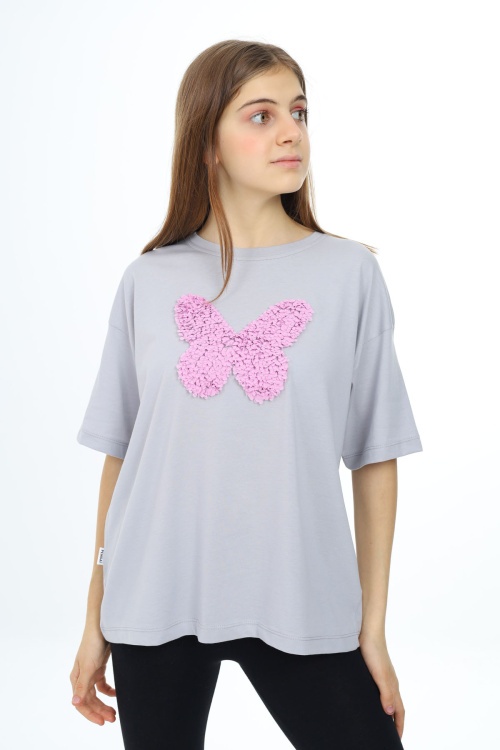 Gri Kelebek İşlemeli Kısa Kol Kız Çocuk Tişört 17785