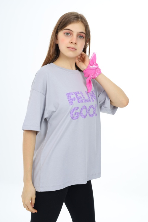 Gri Leopar Desenli Yazılı Bisiklet Yaka Kız T-shirt 17778