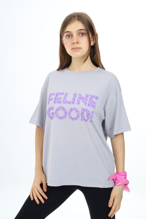 Gri Leopar Desenli Yazılı Bisiklet Yaka Kız T-shirt 17778