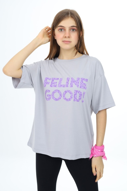 Gri Leopar Desenli Yazılı Bisiklet Yaka Kız T-shirt 17778