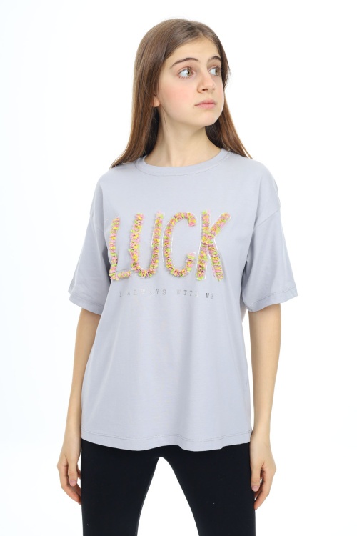 Gri Luck Yazılı Bisiklet Yaka Kız Tişört 17805