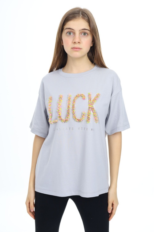 Gri Luck Yazılı Bisiklet Yaka Kız Tişört 17805