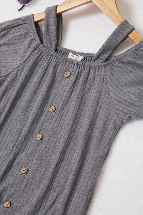 Gri Omuz Askılı Düğme Detaylı Kız Çocuk T-shirt 17606