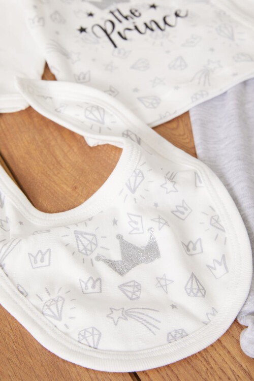 Gri Prens Baskılı Şapkalı Erkek Bebek 5li Zıbın Takımı 17523