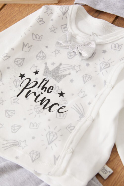 Gri Prens Baskılı Şapkalı Erkek Bebek 5li Zıbın Takımı 17523