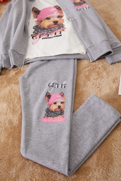 Gri Sevimli Köpek Baskılı Hırkalı Kız Çocuk 3lü Takım 17435